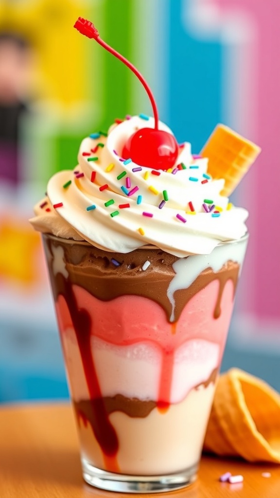 8-Bit Ice Cream Sundae Recipe Colorful 8-bit ice cream sundae with layers of vanilla, chocolate, and strawberry ice cream, topped with whipped cream, sprinkles, and a cherry.